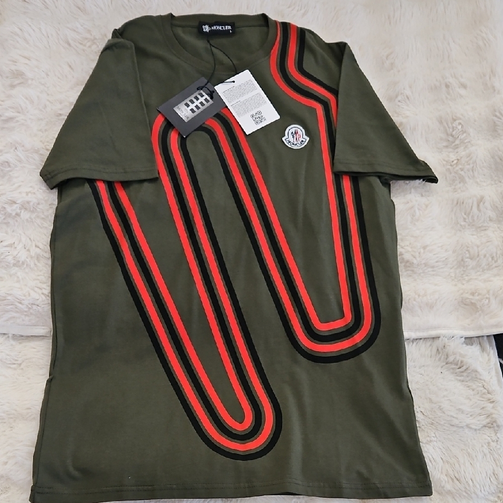 Moncler Olive Tee with Red and Black Accents